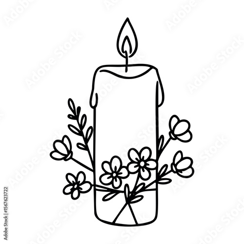 Hand-drawn candle with floral elements. Vector hand-drawn doodle illustration