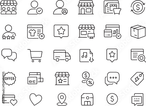 Set of modern flat line icons representing e commerce and online shopping concepts including stores users carts delivery and payment methods