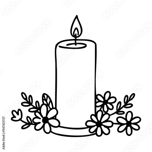 Floral decorated candle line art with flowers and leaves. Vector hand-drawn doodle illustration