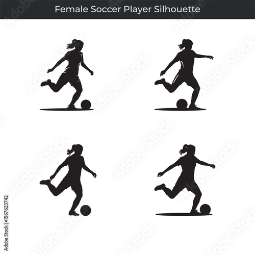 Black silhouette of a female soccer player in action with soccer ball graphic set.