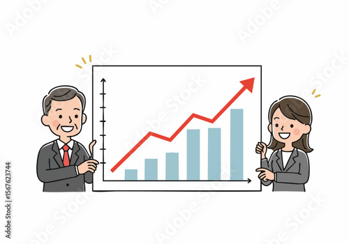 Cartoon illustration of a businessman and businesswoman pointing to a chart showing business growth and success with an upward trend.