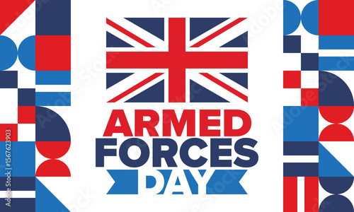 Armed Forces Day in United Kingdom. Great Britain flag. Veterans' and Memorial Day. Holiday to honoring the armed forces. British flag. Army Day. Creative art poster. Vector illustration