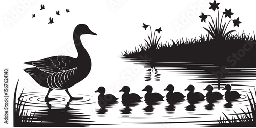 Black silhouette of a duck with ducklings swimming in a pond near plants and flying birds