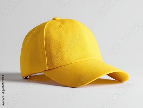 A yellow baseball cap with a white band sits on a white background