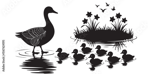 Silhouette illustration of a duck with ducklings swimming in water near flowers and birds flying above