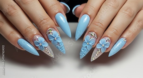 Stunning Baby Blue Stiletto Nails with 3D Floral Accents