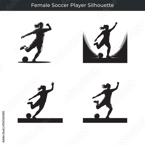 Collection of dynamic black silhouettes of a female soccer player kicking the ball