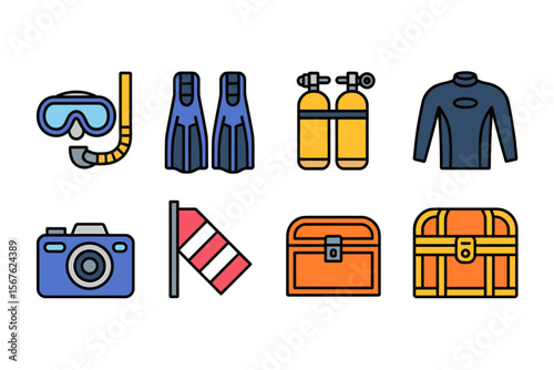 Flat vector icons of ocean exploration: diving mask, snorkel, flippers, oxygen tank, wetsuit, underwater camera, dive flag, treasure chest.