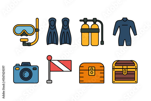 Flat vector icons of ocean exploration: diving mask, snorkel, flippers, oxygen tank, wetsuit, underwater camera, dive flag, treasure chest.