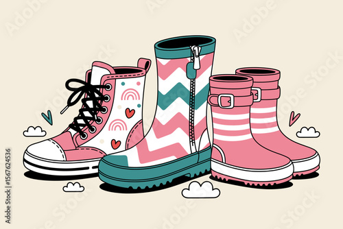 Adorable Rain Boots and Sneakers Colorful Footwear Illustration