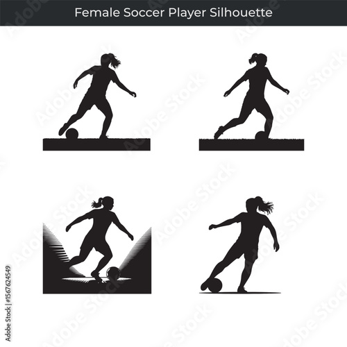 Vector illustration of diverse action poses featuring a female soccer player silhouette
