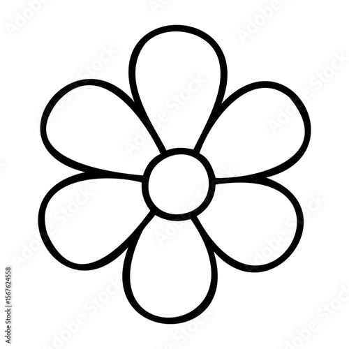 Simple outline of a flower with five petals and central circle. Vector hand-drawn doodle illustration