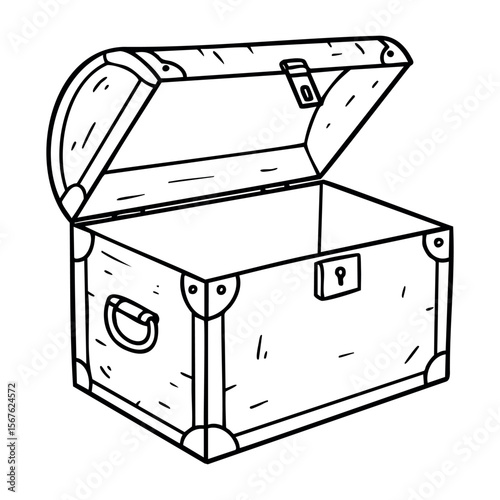 Open wooden treasure chest line art drawing with hinges and lock. Vector hand-drawn doodle illustration