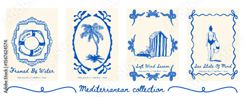 Poster set with life ring, palm tree, beach cabin, and girl with float - summer rescue beach wall art collection