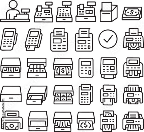 A collection of simple outline icons representing various payment and transaction devices including cash registers credit card terminals receipt printers and cash drawers