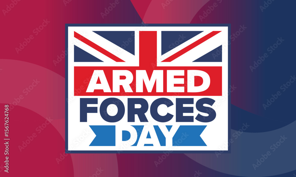 Naklejka premium Armed Forces Day in United Kingdom. Great Britain flag. Veterans' and Memorial Day. Holiday to honoring the armed forces. British flag. Army Day. Creative art poster. Vector illustration