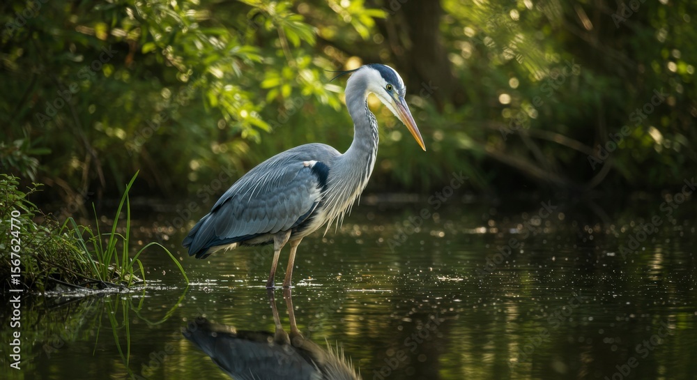 Naklejka premium Grey heron wading in calm water, surrounded by greenery