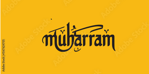 A calligraphy of the word muharram in black ink on a solid yellow colored background illustration