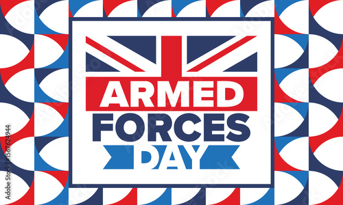 Armed Forces Day in United Kingdom. Great Britain flag. Veterans' and Memorial Day. Holiday to honoring the armed forces. British flag. Army Day. Creative art poster. Vector illustration