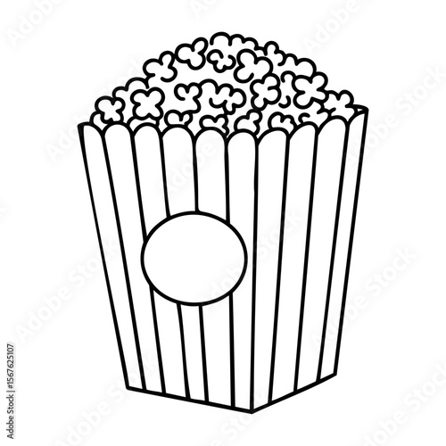 Simple black line art of popcorn in a striped box for coloring. Vector hand-drawn doodle illustration