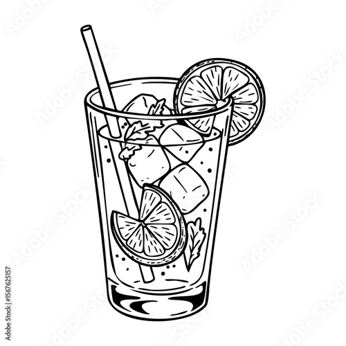 Refreshing lemonade with ice and straw in glass - black and white line art. Vector hand-drawn doodle illustration