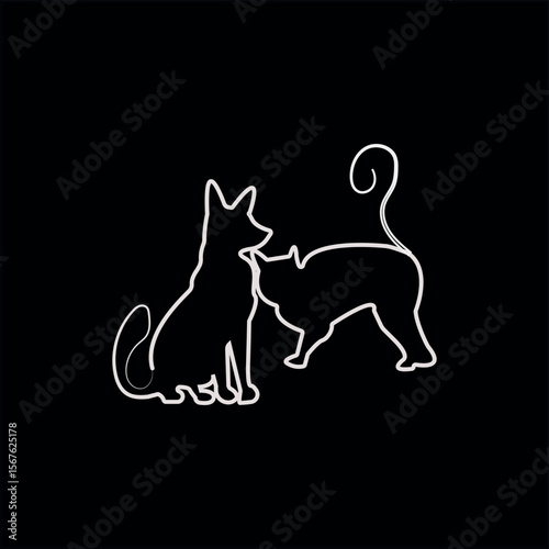 Minimalist dog and cat outline on black background, pet companionship illustration, animal lovers decor, modern veterinary logo design, simple pet silhouette art for branding, apparel, prints