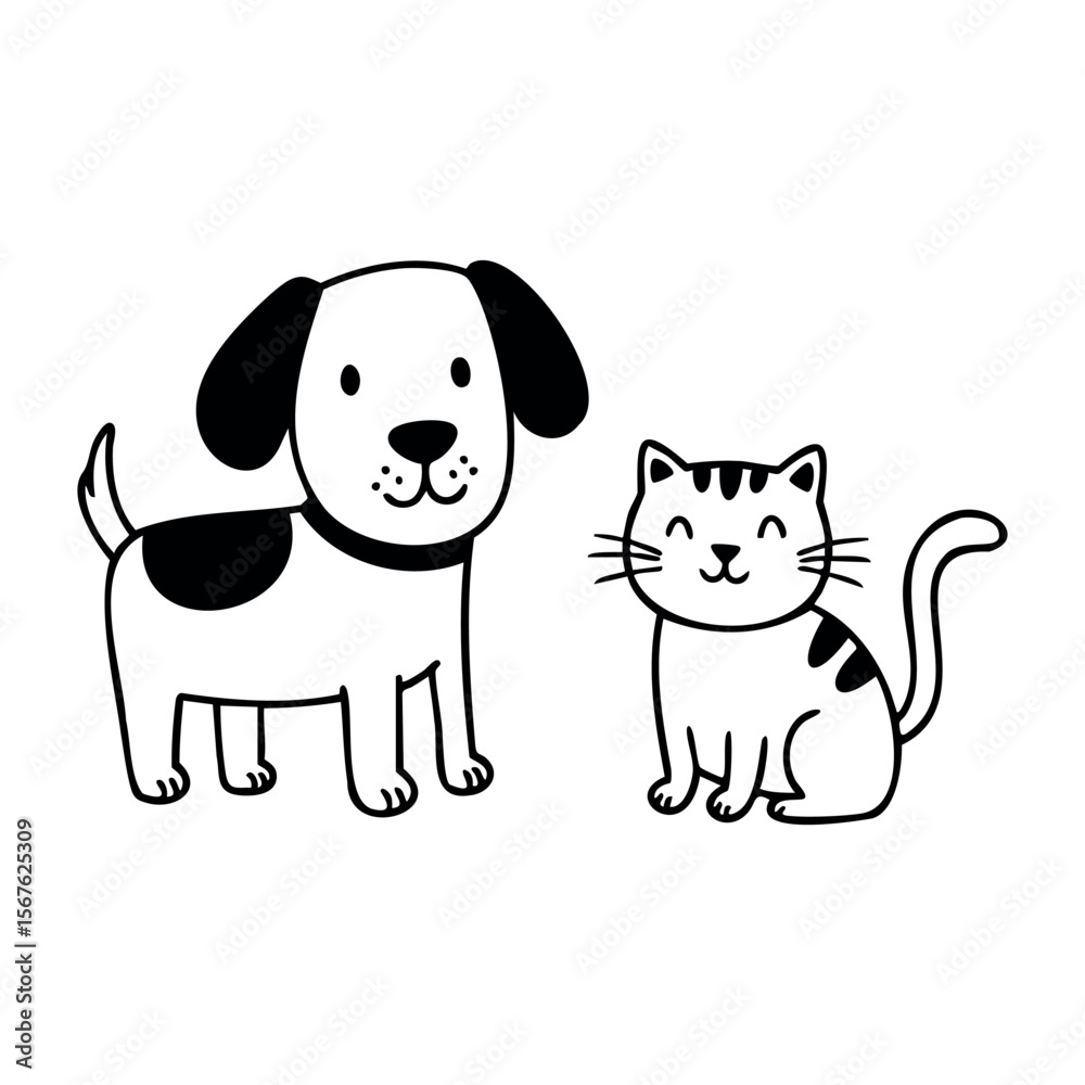 Fototapeta premium Cute cartoon dog and cat illustration with simple black-and-white design. Vector hand-drawn doodle illustration