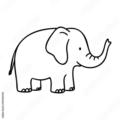 Simple line drawing of cartoon elephant with trunk outstretched. Vector hand-drawn doodle illustration