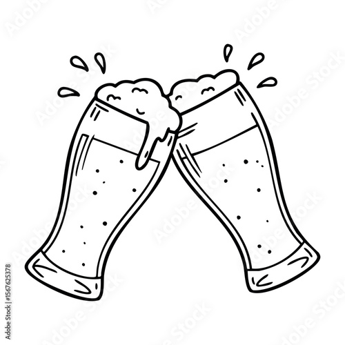 Two clinking beer glasses with foam in vintage style illustration. Vector hand-drawn doodle illustration