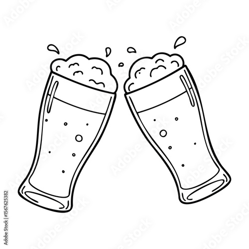Two beers clinking with splash in celebration. Vector hand-drawn doodle illustration