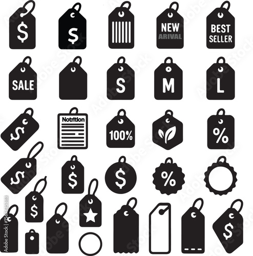 Collection of black silhouette shopping tags and labels featuring dollar signs sale new arrival best seller sizes s m l percentages nutrition and star icons