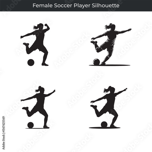 Dynamic female soccer player silhouettes in action kicking and controlling the soccer ball