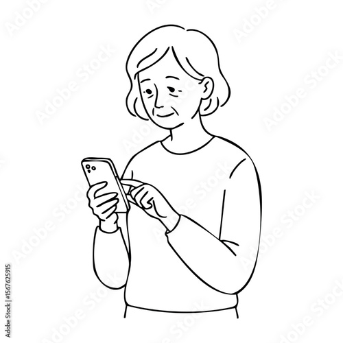 Elderly caucasian woman using smartphone for communication. Vector hand-drawn doodle illustration