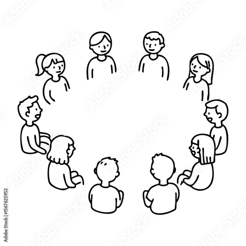Diverse group of children sitting in a circle engaged in discussion. Vector hand-drawn doodle illustration