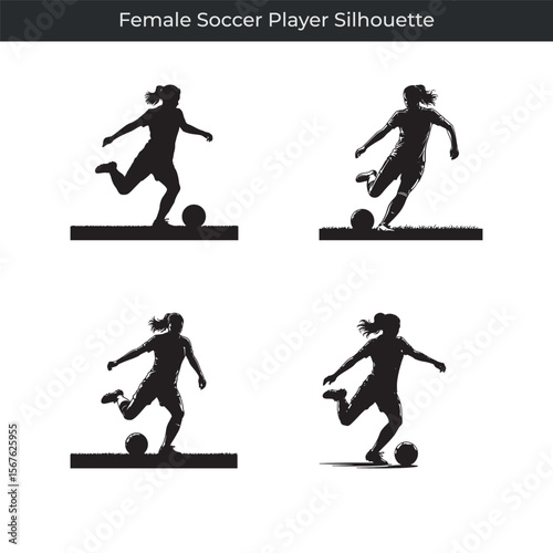 Dynamic black silhouette depicting four female soccer player actions on white background