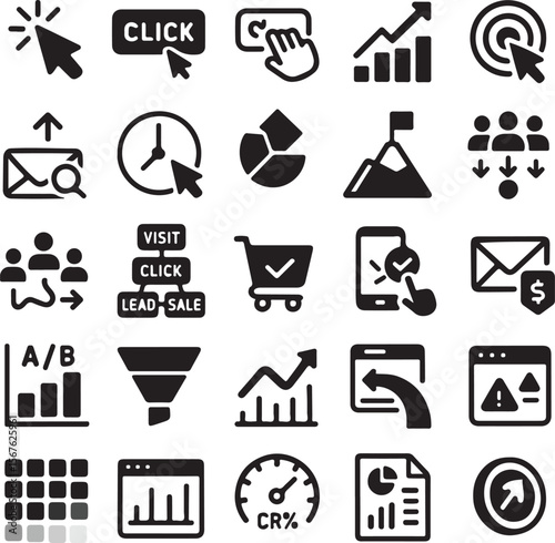 Collection of modern flat icons representing digital marketing analytics business growth and online advertising strategies for website and app interfaces