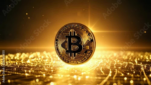 Golden Bitcoin Standing on Sparkling Surface with Bright Light – Digital Currency Concept