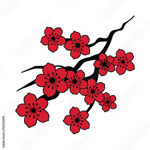 Red Japanese Cherry Blossom Branch Illustration
