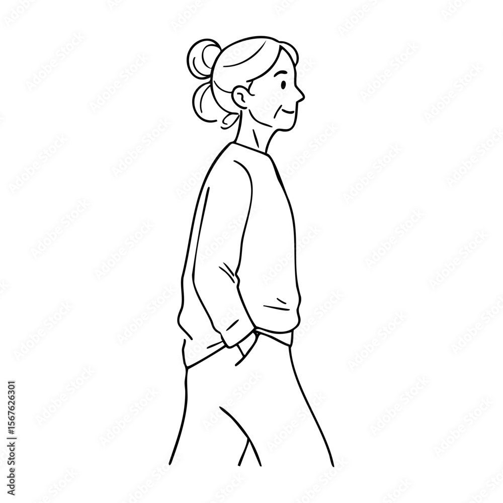 Fototapeta premium Female caucasian mature walking in casual attire line art illustration. Vector hand-drawn doodle illustration