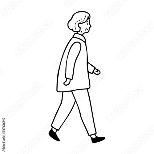 Line art of elderly female walking side profile. Vector hand-drawn doodle illustration