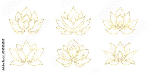 Set of lotus gold indian icons. Icon, sign or symbol - for yoga and meditation, for spa salon. Golden lotus line art silhouette. Diwali Hindu festival. Lotus gold flower logo on white background.