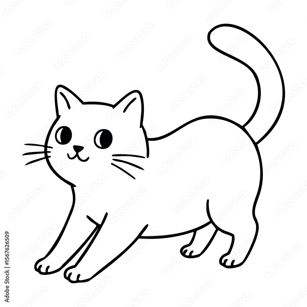 Naklejka premium Cute cartoon cat with raised tail illustration. Vector hand-drawn doodle illustration