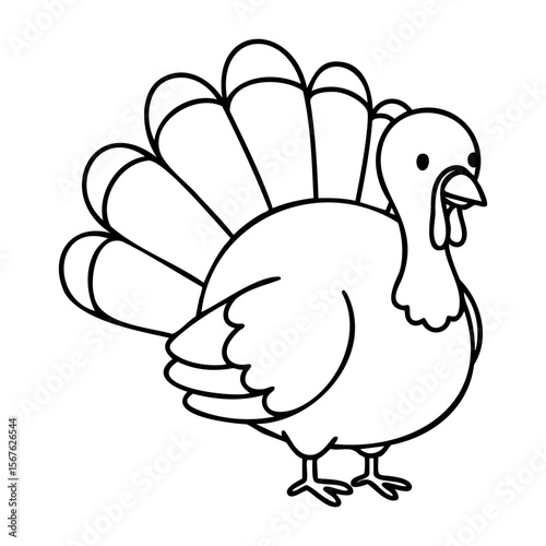 Outline illustration of a turkey showing full plumage in a side view. Vector hand-drawn doodle illustration