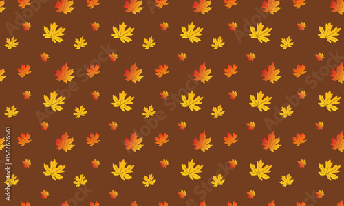 Seamless vector pattern of yellow autumn twigs and leaves on a brown background.