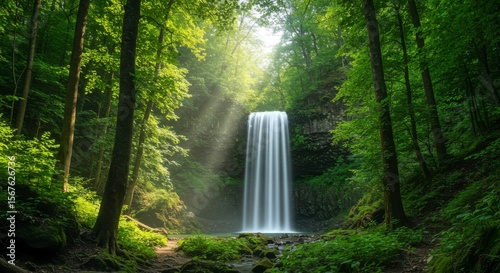 Lush forest with cascading waterfall. Sunlight streams through trees