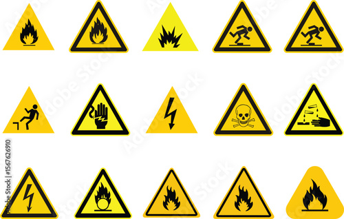 Collection of Yellow Warning Signs Depicting Various Hazards Including Fire Tripping Electrical Shock Poison and Corrosive Substances on a White