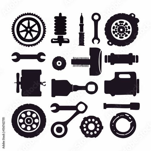 Set of vintage car wheels and automobile parts in isolated vector illustration