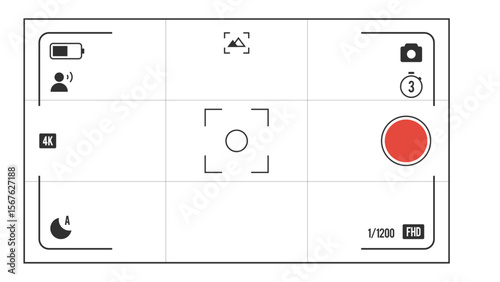 Transparent background: Camera viewfinder display with various recording settings, battery life, and focus indicators.