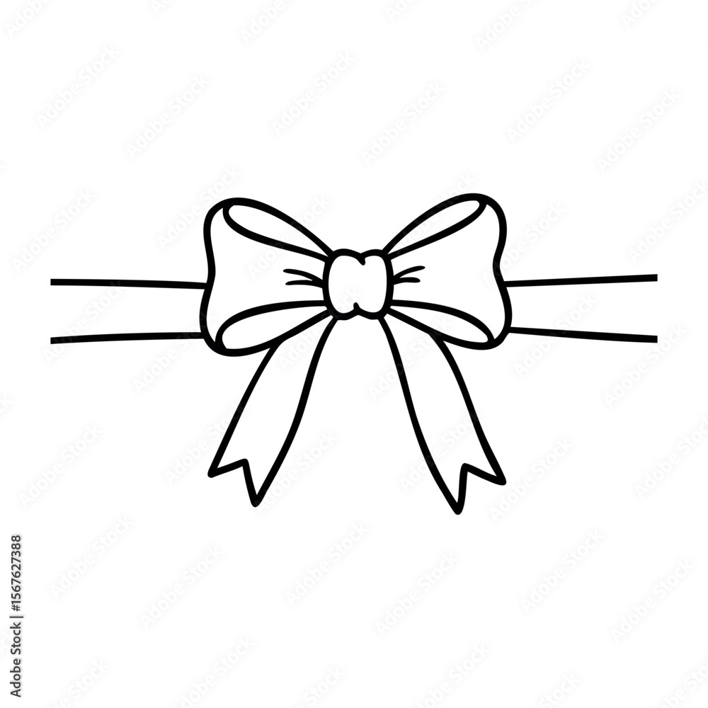 Simple outline drawing of a decorative bow with ribbon tails. Vector hand-drawn doodle illustration Simple outline drawing of a decorative bow with ribbon tails. Vector hand-drawn doodle illustration