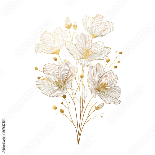 Elegant white flower bouquet with delicate gold accents and fine line details, creating minimal and graceful floral design perfect for sophisticated decoration or artwork